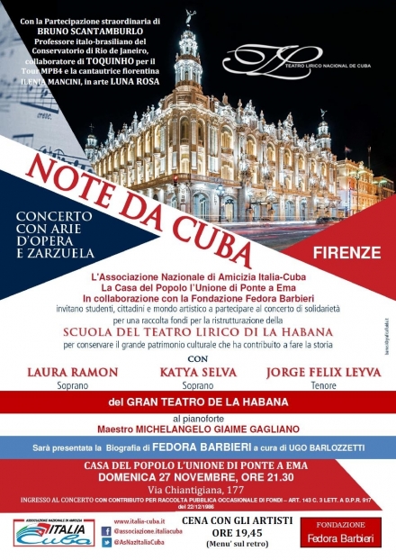 NOTE DA CUBA – 27NOV. FIRENZE concerto con arie d'opera - cena raccolta fondi - Ass. Amicizia Italia Cuba FI
