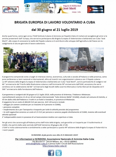 BRIGATA EUROPEA DI LAVORO VOLONTARIO A CUBA dal 30 giugno al 21 luglio 2019 - Ass. Amicizia Italia Cuba FI