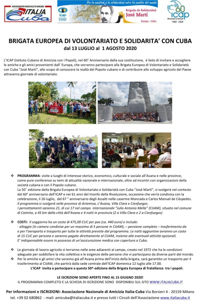 Brigata Europea di volontariato e solidarietà con Cuba - 2020 - Ass. Amicizia Italia Cuba FI