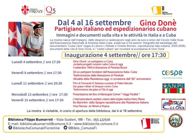 Dal 4 al 16 settembre mostra su Gino Donè e dibattiti - Ass. Amicizia Italia Cuba FI