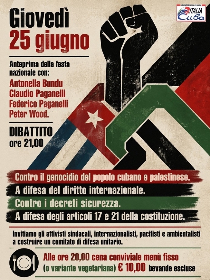 Contro il genocidio del popolo cubano e palestinese - 25 giugno Putignano PI - Ass. Amicizia Italia Cuba FI